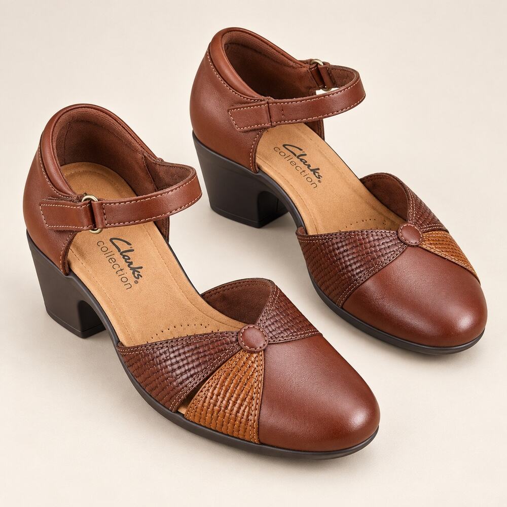 Clarks Emily Rae Dark Tan Leather Mary Jane Block Heel Pumps 8.5 M NWOT